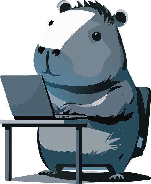 Mascote Pete trabalhando no computador